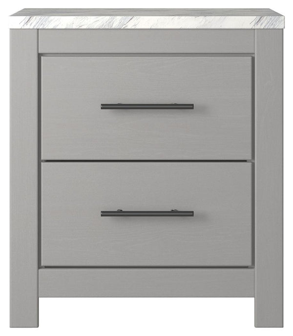  clean and casually modern. This nightstandâ€™s wispy dove gray finish and faux Calcutta marble top set the tone for your calming sanctuary. Large linear pulls add dimension and authenticity. Two smooth-gliding drawers neatly accommodate your bedside