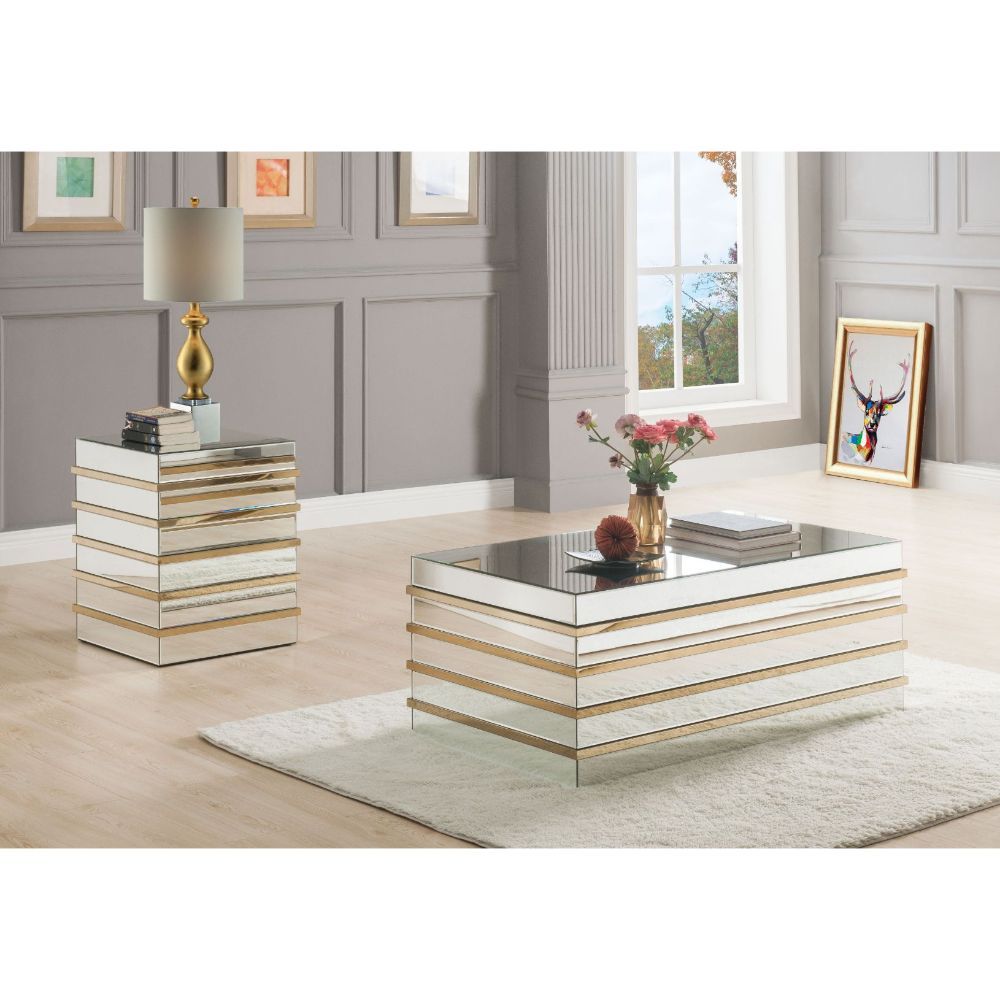Assambled, Rectangular Coffee Table NO Storage CONSTRUCTION Mirrored Case-Frame with Titanium Stainless Steel Trim: Mirror, MDF NO Legs<br/><br/><b>Product Features</b><ul><li>Occasional Table</li><li>Mirrored Top & Base</li><li>Titanium Stainless Steel T