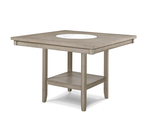 Elevate your dining experience with this elegant counter height dining set, designed to blend seamlessly with any modern or rustic dÃ©cor. The set features a spacious, finely crafted table with a built-in faux marble turntable and open lower shelf in a we