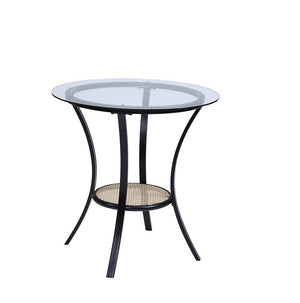  as well as two rattan chairs with a plush seat cushion. The glass and rattan