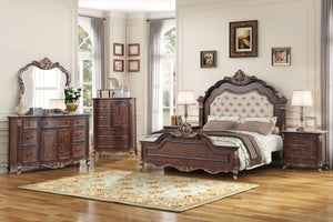 The Constantine 5 Piece Wood Bedroom Set by Royal Classics offers timeless elegance and unparalleled craftsmanship. This exquisite set includes a stately Panel Bed, Dresser, Mirror, Chest, and Nightstand in a rich Cherry finish. Crafted from a blend of So