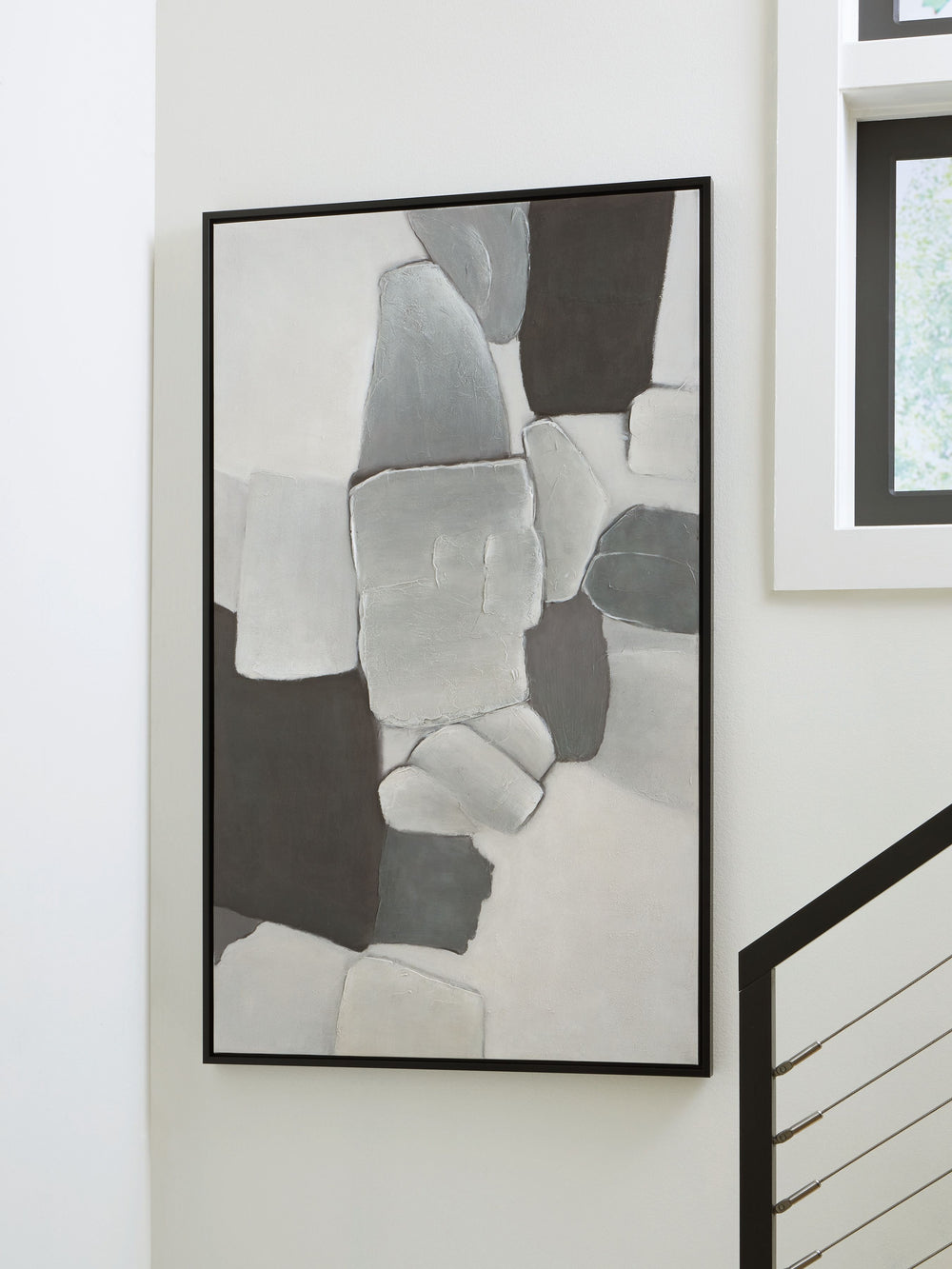 Handsomely made, this wall art takes an abstract approach to contemporary stylings. Its neutral hues make a solo statement or act as a grounding centerpiece to a gallery wallâ€”perfect for pairing alongside muted tones or vibrant colors alike. Hand-painte