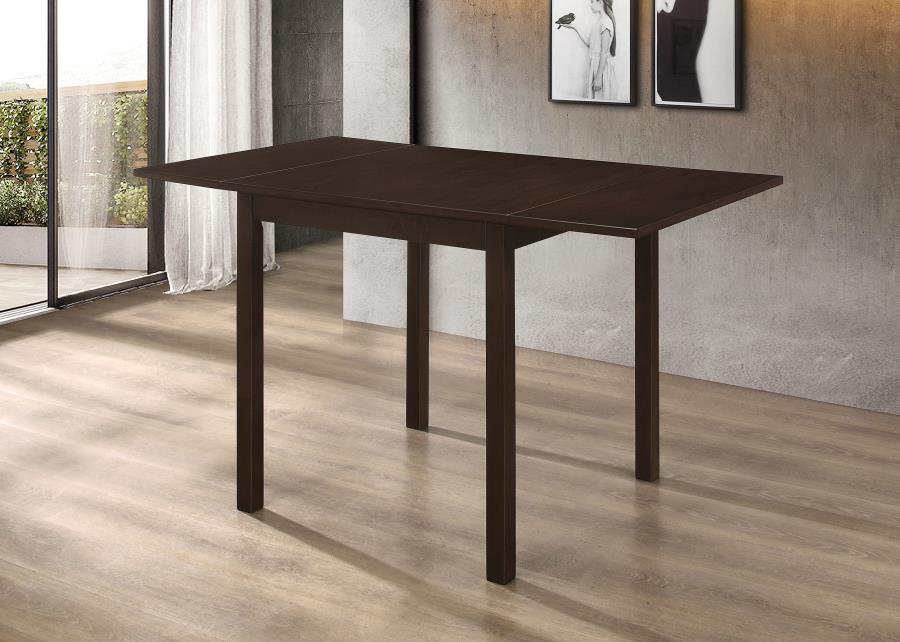 Perfect for a small dining room or kitchen nook, this cappuccino dining table features a classic silhouette. The rich and deep finish warms up even the most neutral of spaces. Fold up the table ends to accommodate for guests, or leave them down for a stun