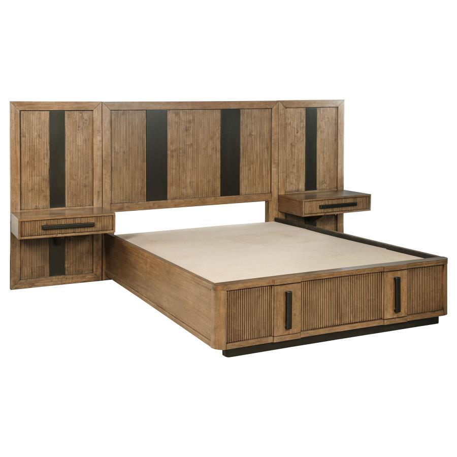 Expand your headboard with the wall panel design of a modern wooden nightstand. It blends seamlessly, perfectly complementing the matching headboard (not included) with vertical fluting and a dark center stripe. The wall panel is adorned with one slim dra
