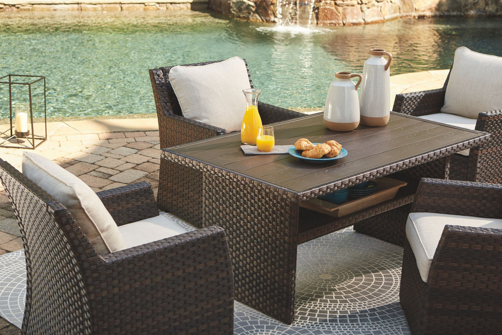 Alfresco living is easy to love with this multi-use table. Its raised height makes it perfect for mealtime, game time, a round of cards or a round of drinks. Resin wicker over a rust-free aluminum frame lends an upscale aesthetic thatâ€™s downright durabl