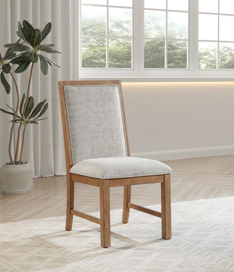 Encourage an approachable ambiance in your kitchen or dining room with this set of two modern side chairs. Each features a refined look with tailored character. Framed backs feature an interior padded, upholstered surface, with the outer back adds a wood 