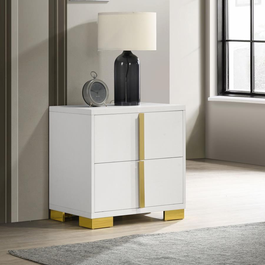 A bold look leans exotic and alluring to transform your master or guest bedroom into an inviting venue. Modern design details produce a chic nightstand with an Art Deco vibe and tons of elegance. Made of wood products, this two-drawer nightstand features 