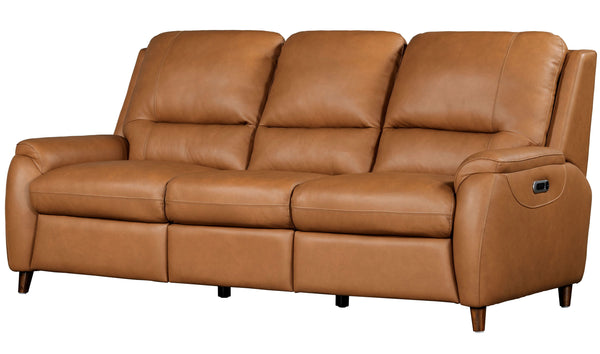The Austin power reclining group is designed for ultimate comfort and convenience. It features independently operating power headrests and is upholstered in supple leather with a custom match. The modern high-leg design in a warm walnut finish gives it a 