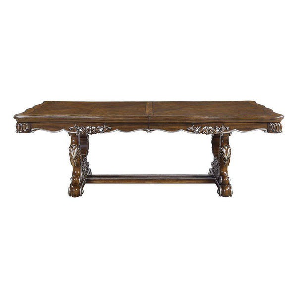  the Latisha pedestal dining table is the perfect merging of contemporary and classic. The antique oak finish with the hand-brushed silver trim accentuates the elaborate floral moldings that are showcased throughout 