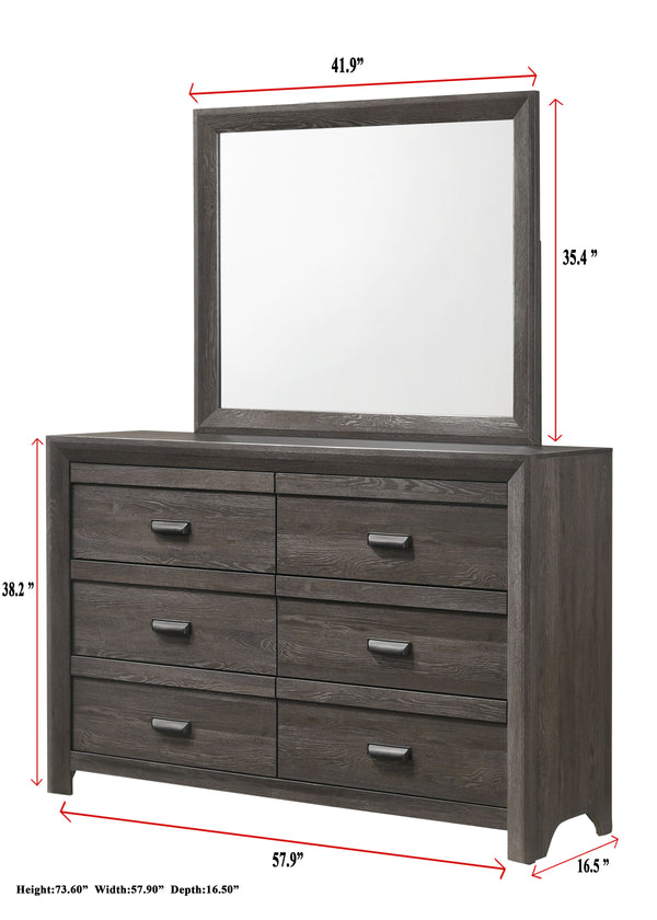  featuring a muted gray finish that complements its clean and contemporary design. The robust bed frame anchors the room with a sense of sturdiness and style. Accompanying the bed are coordi
