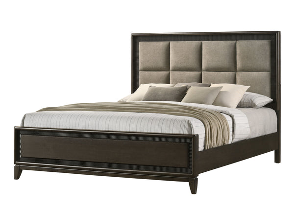  characterized by its deep espresso finish that speaks to modern tastes. The clean-lined bed features an elegantly tufted headboard