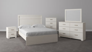  white hue over subtle replicated wood grain easily complements other furniture finishes. Simple