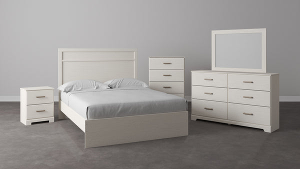  white hue over subtle replicated wood grain easily complements other furniture finishes. Simple