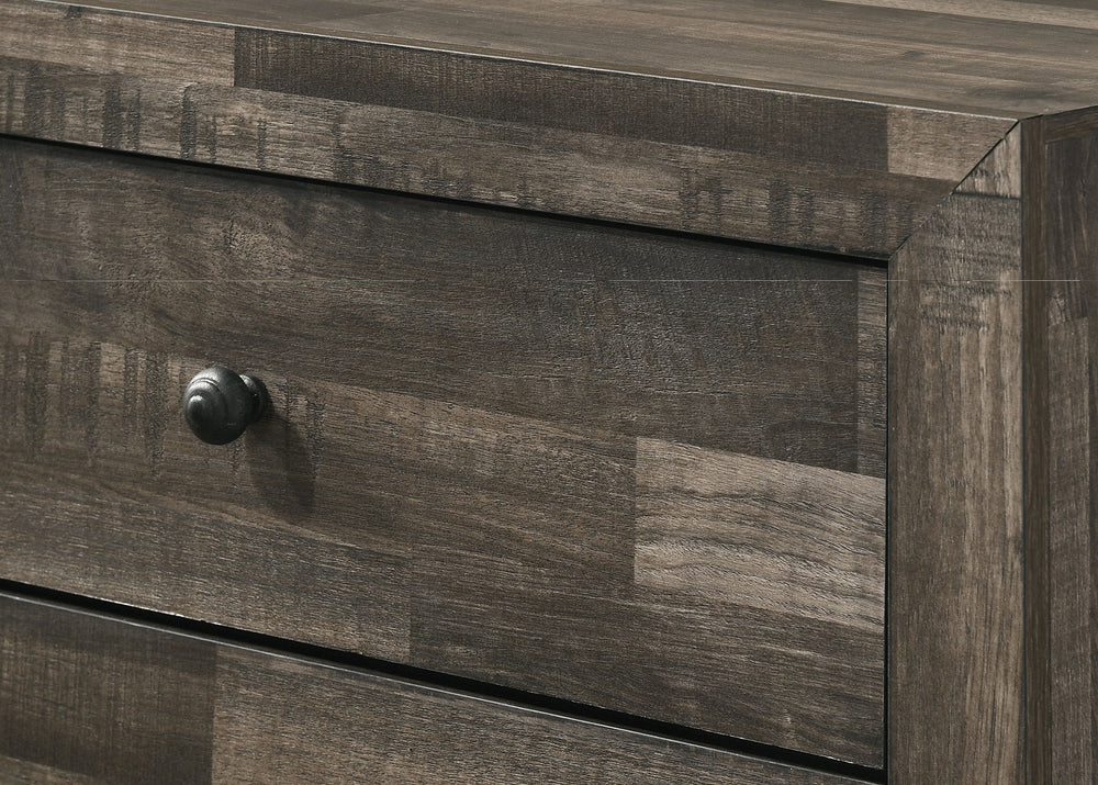 This bedroom collection embodies a rustic, yet minimalist aesthetic with its clean lines and neutral color palette. The set includes a low-profile bed frame, a dresser with a mirror, and a tall chest, all finished in a versatile gray that easily complemen