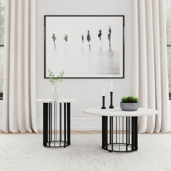 Haven - Round Genuine White Marble Top End Side Table - Black