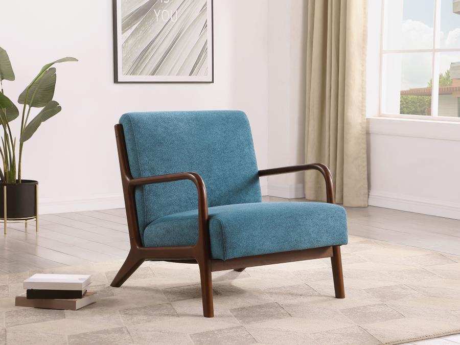 Infuse a little color into your existing space with a modern accent armchair. Its understated upholstery is soft and welcoming, perfectly complementing surrounding decor for a seamless look. The chair is built with a structured wood frame, complete with g