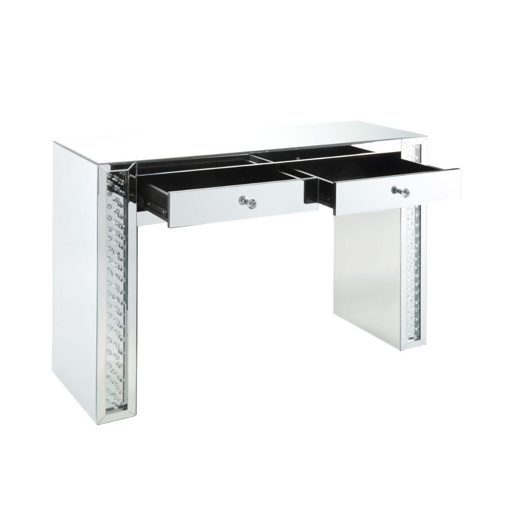 Assambled, Rectangular Vanity Desk â€¢ Storage: 2 Top Drw (Open Base) â€¢ Beveled Mirrored Finish, Clear Glass with Faux Crystal Inlay (Back Unfinished) â€¢ Orientation: Free Standing â€¢â€¢ CONSTRUCTION â€¢â€¢ Mirrored Top & Drw: Beveled Mirror, MDF (NO 