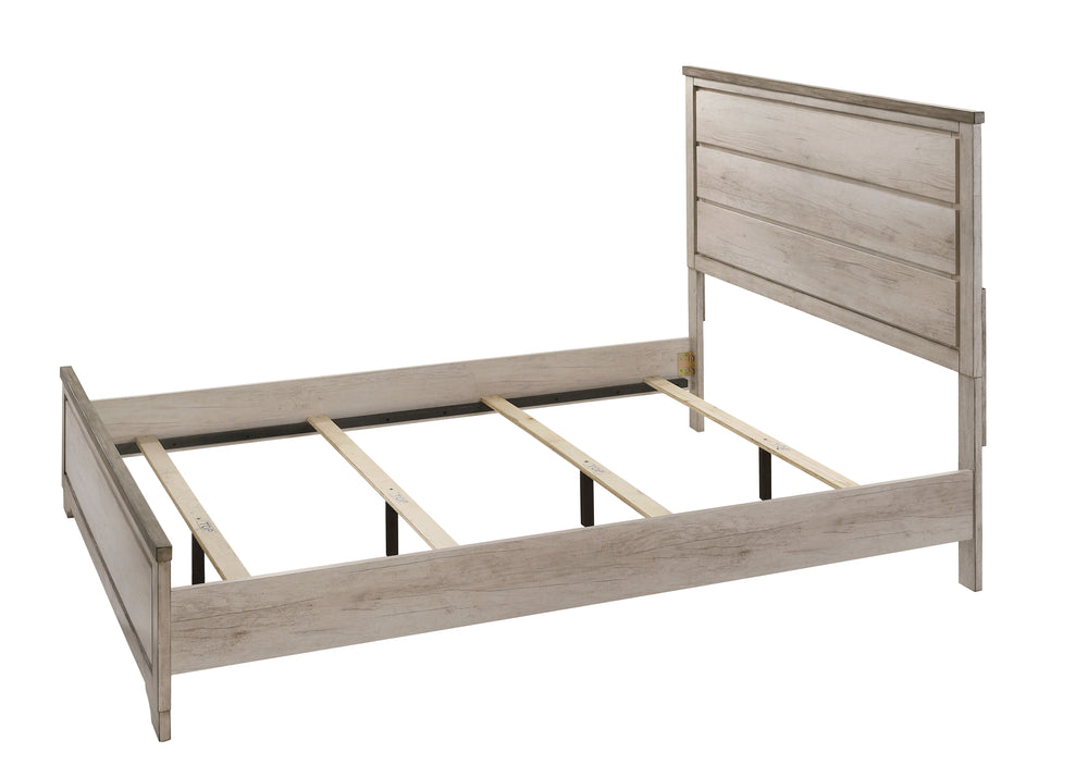 Elevate your sleeping quarters with this effortlessly elegant bedroom suite. The charming rustic-chic aesthetic is highlighted by a distressed finish and antique-style drawer pulls, offering a warm, inviting ambiance. The collection includes a stately bed