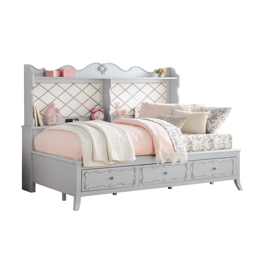KD, Daybed (Twin Size) Storage: 3 Drw, Back Panel: Bookcase & USB Power Dock (2 Shelves) Box Spring Not Required(13 Slats Included) 3 Support Legs Included Front Panel: KD Base, KD 3 Drw Drawer: GLIDE Center Bottom Wooden (3/4 Ext.), Dovetail French Front