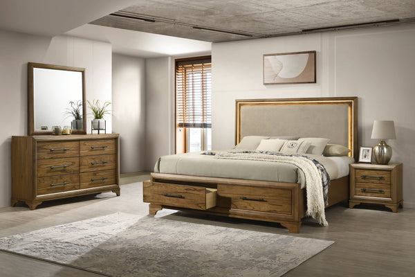The Talcott 4-piece wood bedroom set, featuring a platform storage bed with a lighted headboard, dresser, mirror, and nightstand in a warm honey brown finish, offers durable, quality construction crafted from solid rubberwood, manufactured woods, and mind