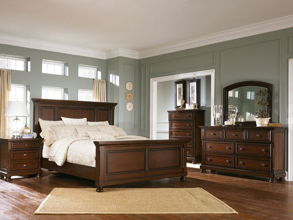 Porter - 7 Pc. - Dresser, Mirror, Chest, California King Panel Bed, Nightstand - Rustic Brown