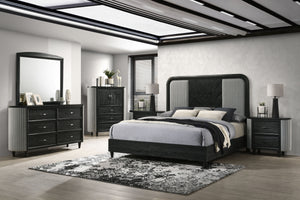 The Skyline 6-Piece Bedroom Set blends modern style with durability. Crafted from solid Rubberwood, engineered woods, and Ash veneers, it features an Onyx Black finish with gray glazing that enhances the wood grain. The upholstered panel bed adds plush co