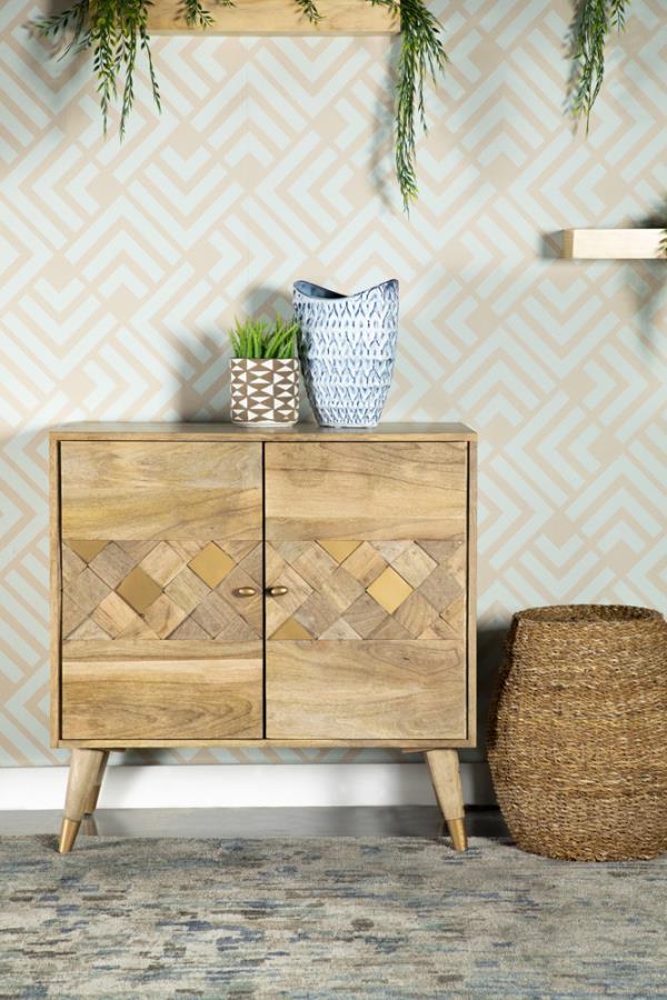  crafted from solid mango wood in a warm natural finish. The checkered woodgrain pattern across the cabinet doors creates a striking visual effect