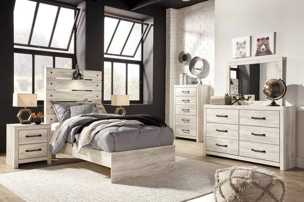 Wispy white finish over replicated Oak grain with authentic touch. Large scaled dark colored handles. Cases feature a framed front and pilasters. All panel headboards (53,57,58,87) feature decorative matte black sconce lights. Side roller glides for smoot