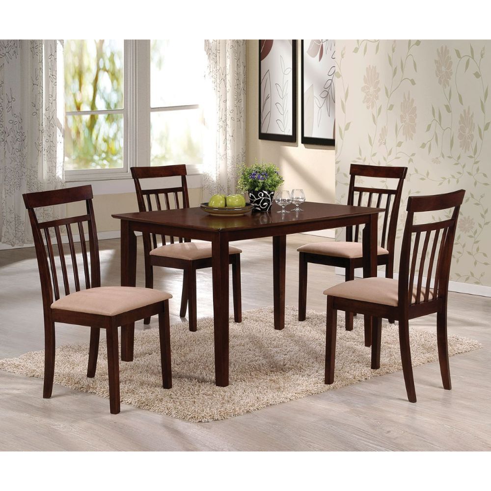 The Samuel 5-Piece Pack Dining Set offers beautiful details with a versatility that enhances any dining area. This casual table features a smooth rectangular top and tapered Legs. The four matching side chairs include comfortable padded seat cushion in li