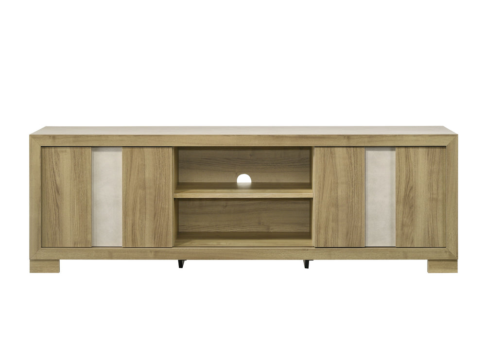 This entertainment console merges rustic charm with urban sophistication. Crafted with a natural wood finish, it exudes an aura of refined comfort while offering a nod to pastoral aesthetics. The console-'s structure boasts clean lines and a spacious top 