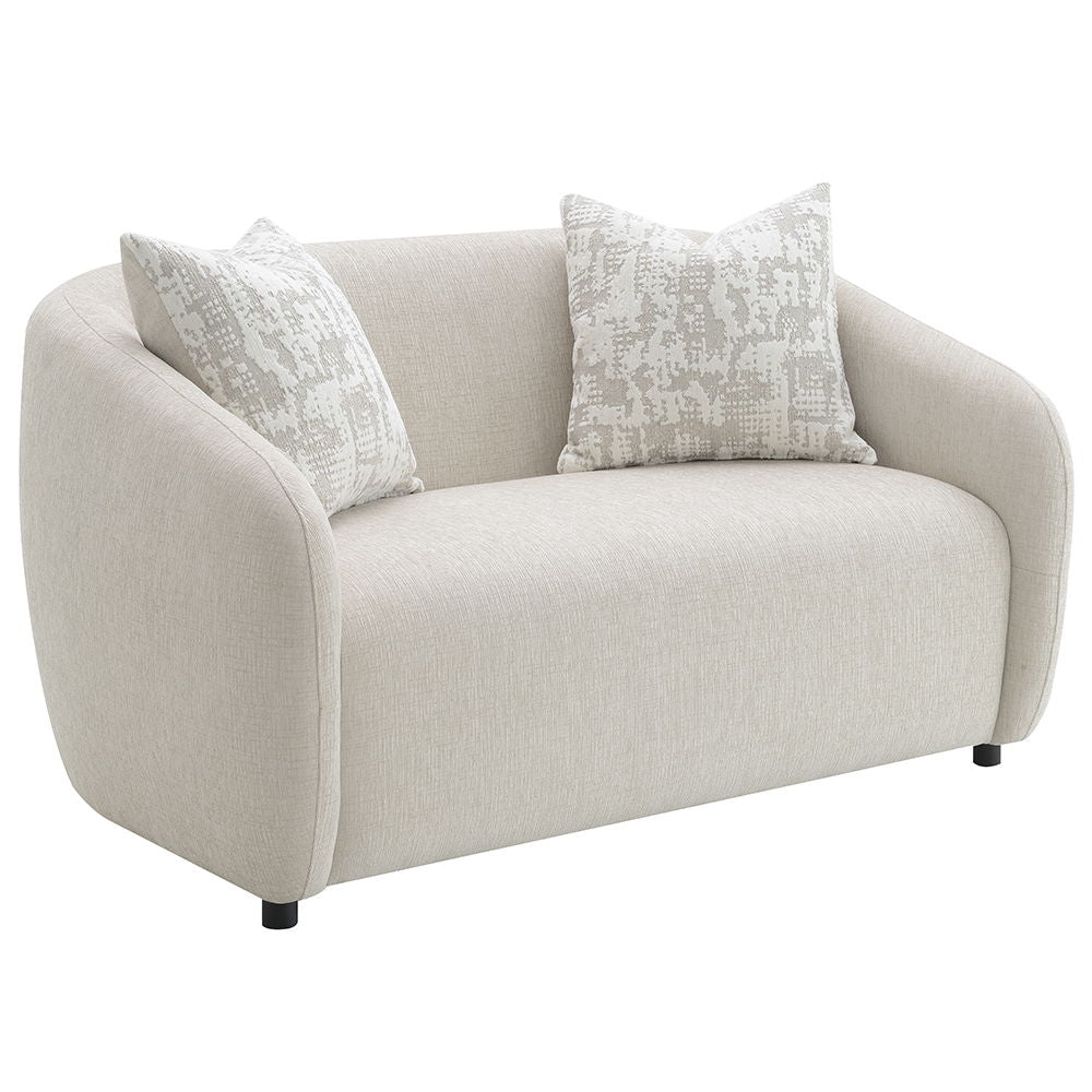 This Etienne collection sofa, available in beige and gray linen, combines modern elegance with comfort. Features include KD legs, tight back and seat cushions, full foam seat construction, and a sturdy wooden inner frame. Accent pillows are included to en