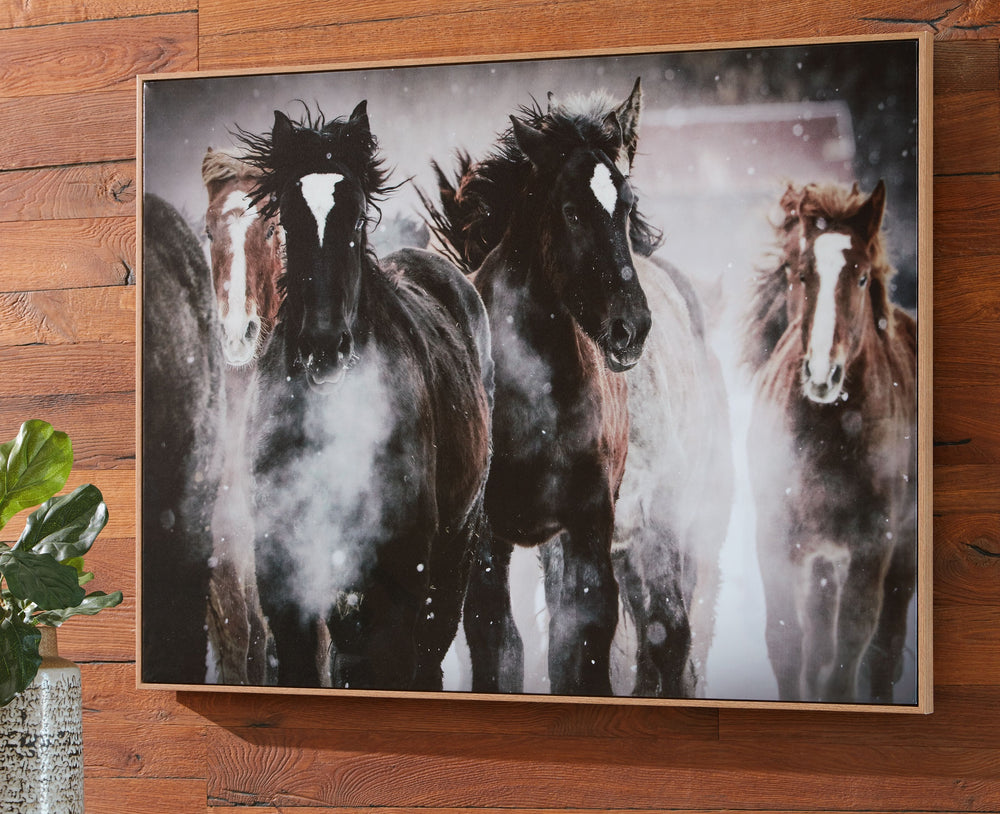 This wall art expertly captures the natural beauty and strength of equine movement. Balancing masculine sensibilities with the charm of farmhouse motifs, itâ€™s a statement piece that works equally well staged with other subtle wall decor. Neutral hues gi