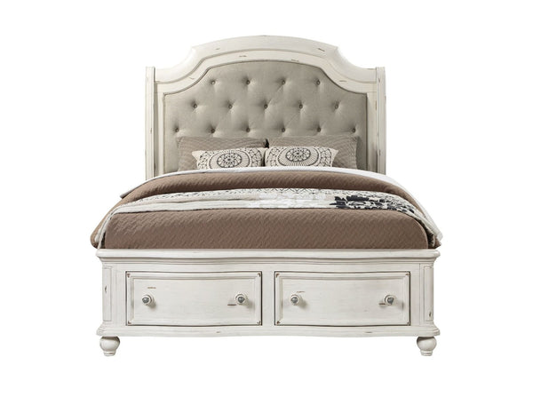 Jaqueline - Queen Bed With Storage - Light Gray Linen & Antique White Finish