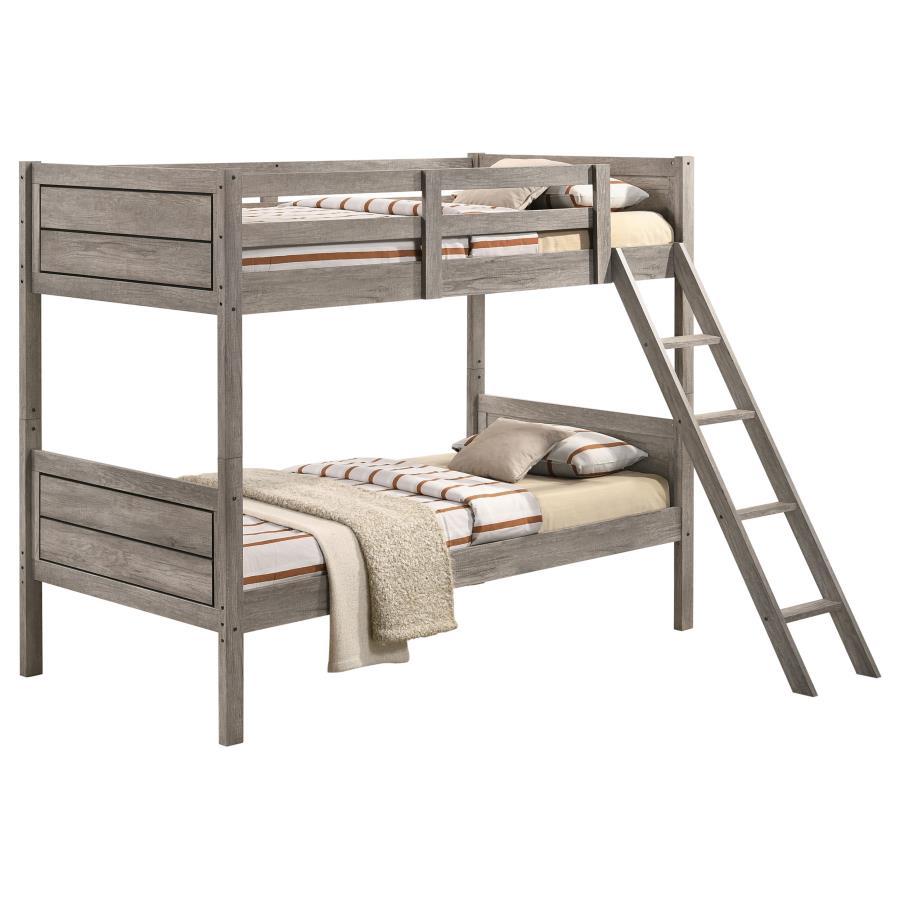 Minimal, clean shapes and lines invite you to rest in this transitional bunk bed. Designed in a weathered taupe finish accented by a dark border along the sides, this understated bunk bed is the perfect addition to a modern farmhouse home, or a contempora