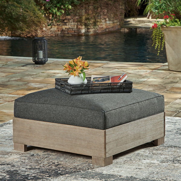  porch or poolside. High-performance Nuvella+â„¢ fabric in charcoal harmonizes with the eucalyptus wood frame to craft a richly relaxed sense of style