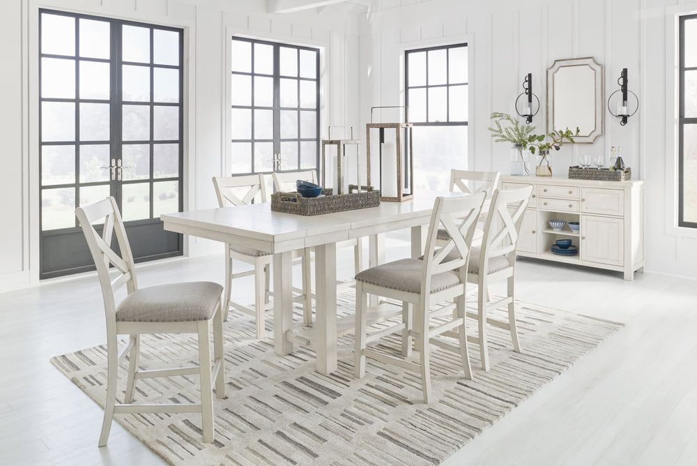 This counter height bar stool is sure to impress come mealtime. With its white finish and light gray upholstery, farmhouse-style seating has never been so fashionable. All thatâ€™s missing is you and your family.<br><br><b>Additional Dimensions</b><br><ul