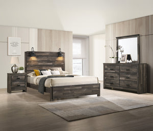 This bedroom set marries rustic appeal with contemporary lines, offering a cozy yet refined aesthetic to any modern home. The set features a generously sized bed with a broad, planked headboard with integrated sconces, creating an inviting ambiance. Flank