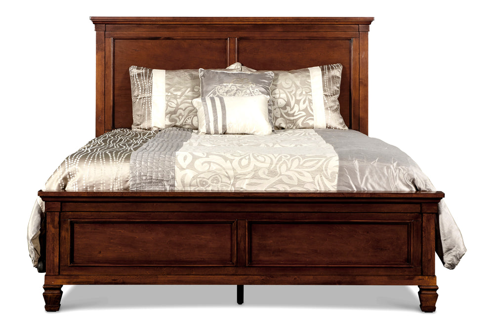 The Tamarack Wood Panel Bed in brown cherry is a true standout, showcasing durable construction with a blend of solid poplar, basswood veneers, and eco-friendly manufactured wood for unmatched strength and longevity. This bed-'-'s versatile transitional s