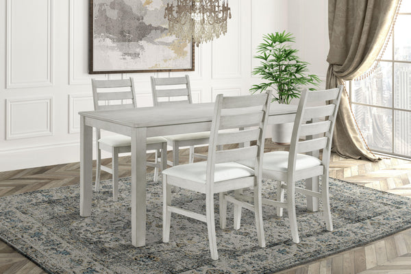  a perfect blend of style and functionality. This set includes a 59-inch long rectangular wood dining table and four matching chairs