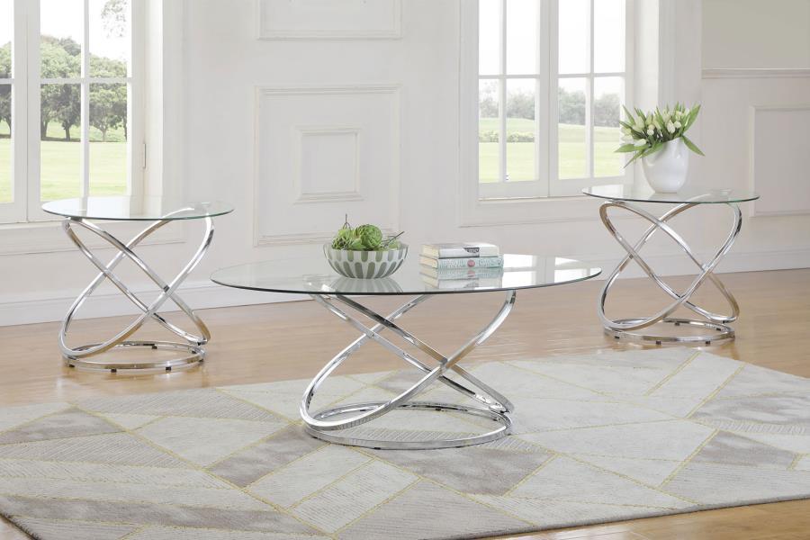 This striking coffee table set includes a cocktail table and two matching side tables, perfect for modern living spaces. Featuring clear tempered glass tops, these tables exude elegance and durability. The bases showcase polished chrome-finished metal in 