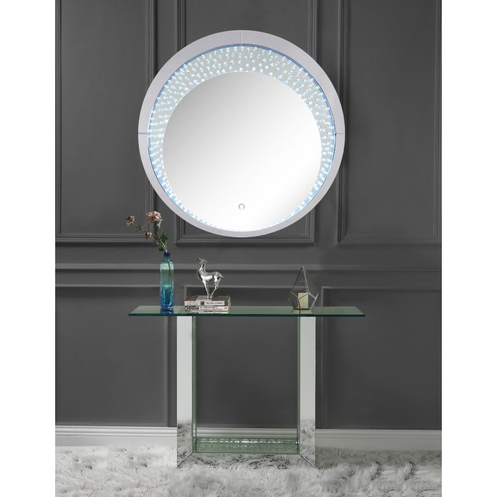 KD, Rectangular Console Table Storage: Open Compartment (Base Shelf) Features: Glass Top, Mirrored Sled Base w/Faux Crystals & Clear Glass CONSTRUCTION Glass Top Mirrored Sled Base: 4mm Beveled Mirror, MDF, Faux Crystals, 4mm Clear Tempered Glass<br/><br/