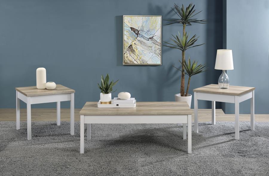 An updated version of farmhouse style is soft and easy on the eyes as this three-piece wood coffee table set is a viable option for your family room or living room. Casual and yet nicely designed, this set offers a versatile finish palette of distressed p