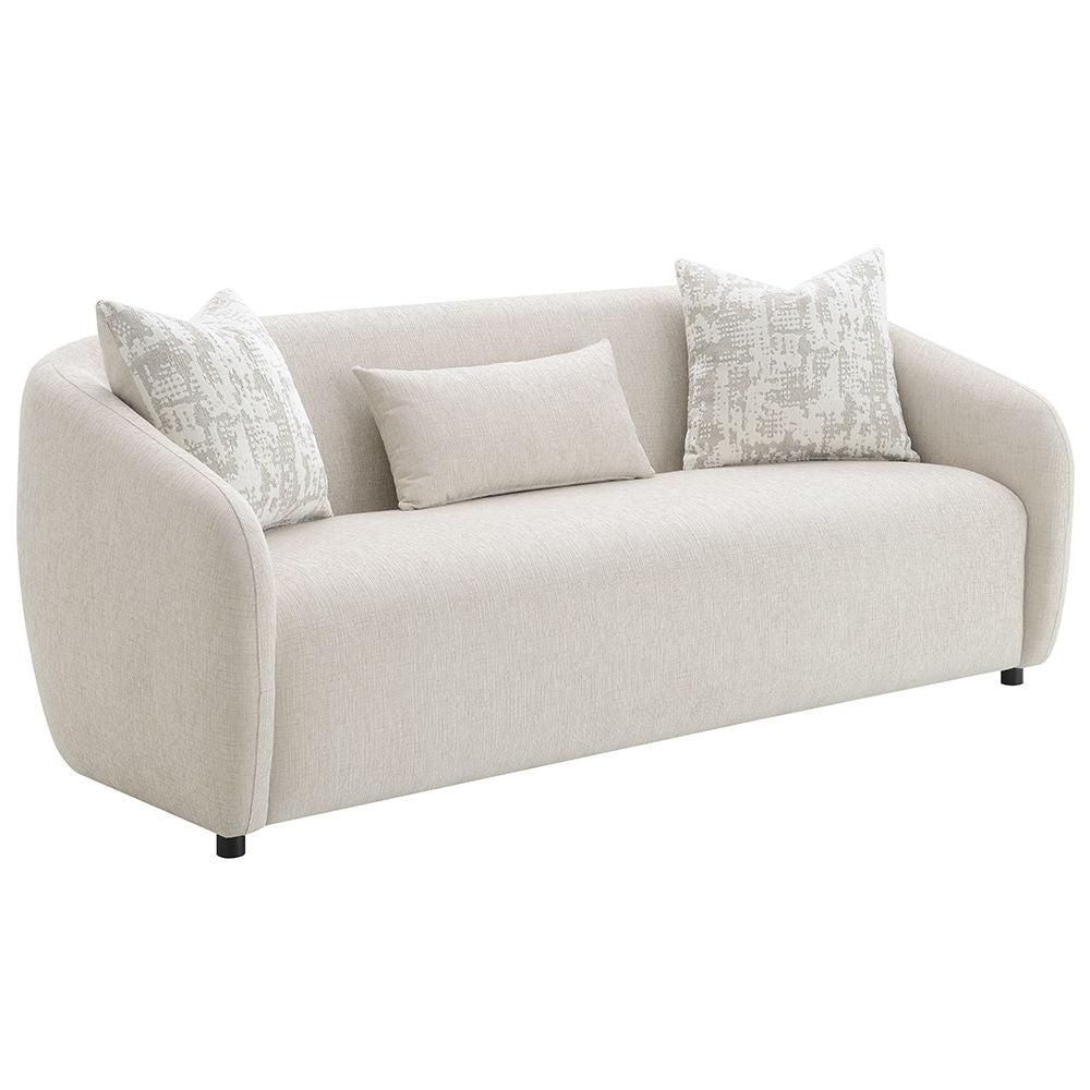 This Etienne collection sofa, available in beige and gray linen, combines modern elegance with comfort. Features include KD legs, tight back and seat cushions, full foam seat construction, and a sturdy wooden inner frame. Accent pillows are included to en