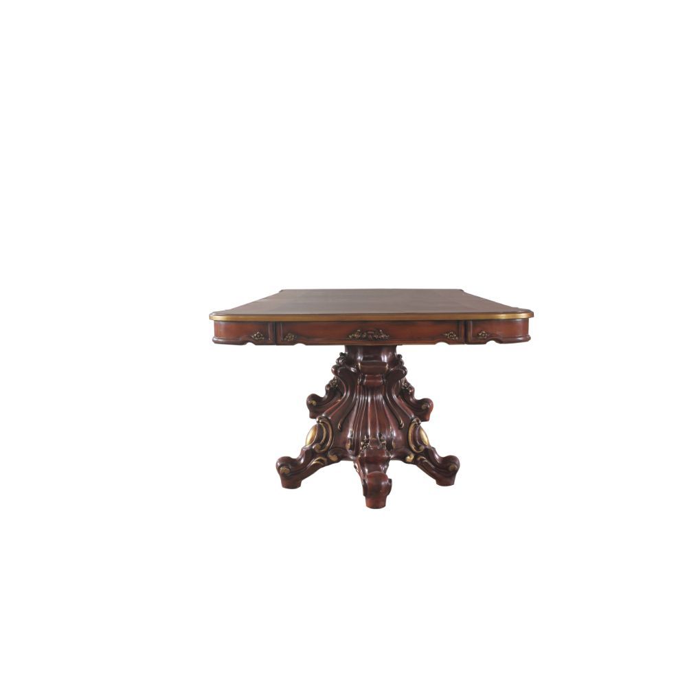 Acmeâ€™s exclusive Picardy collection now includes this magnificent double pedestal dining set in cherry oak finish! Each supporting pedestal is intricately carved, and ends in four oversized scrolled legs. The rectangular wooden top features a parquet lo