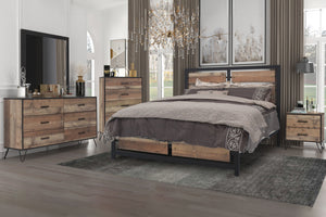 The Elk River 5-Piece Bedroom Set is the epitome of functional elegance, designed for those who cherish a robust, industrial look with modern flair. This comprehensive set includes a bed, a dresser, a mirror, a nightstand, and a chest, all in a rich rusti