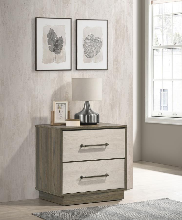Enhance your bedroom with the perfect blend of style and functionality with this contemporary nightstand. Featuring a sleek two-tone melamine design, this nightstand offers a modern aesthetic that complements any decor. The two spacious drawers provide am
