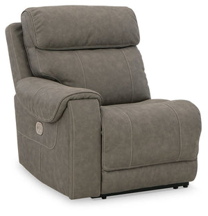 This left-arm facing power recliner is made with faux leather upholstery. Pairs with other items in the series to make a sectional.<br><br><b>Additional Dimensions</b><br><ul><li>Arm height: 26-"</li><li>Seat depth: 22-"</li><li>Seat height: 21-"</li><li>