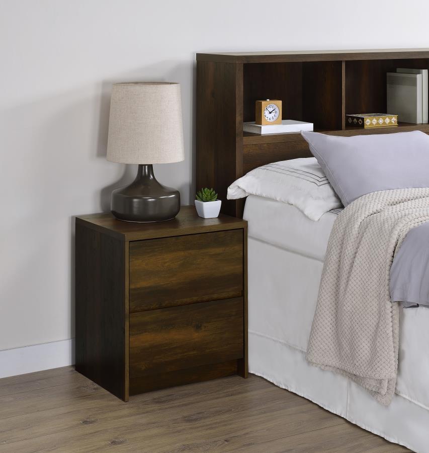 Modernize your bedside with this functional nightstand, featuring a wood-inspired finish. It includes two spacious drawers for ample storage and an integrated dual USB charging outlet with USB-A and USB-C ports for fast and convenient device charging. A m