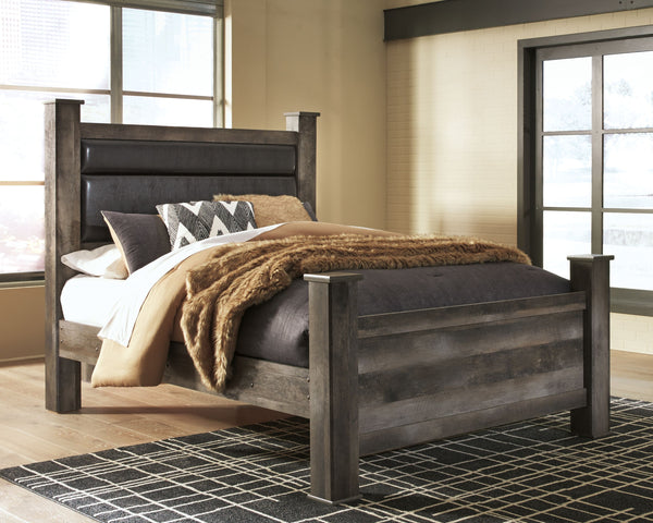This queen upholstered poster bed is sure to win your heart with its daring designer take on modern rustic. The crisp, clean and minimalist-chic profile is enriched by a striking replicated oak grain with thick plank styling and a weathered gray finish fo