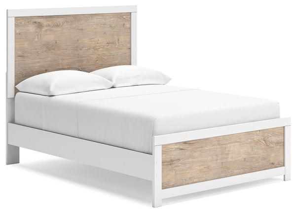 Relaxed yet striking, this full panel bed brings casual beauty and function to your dream destination. A delightful two-tone treatment blends a fresh, replicated oak grain with a matte white finish that-'s easy to love. Its simplicity lends a contemporary